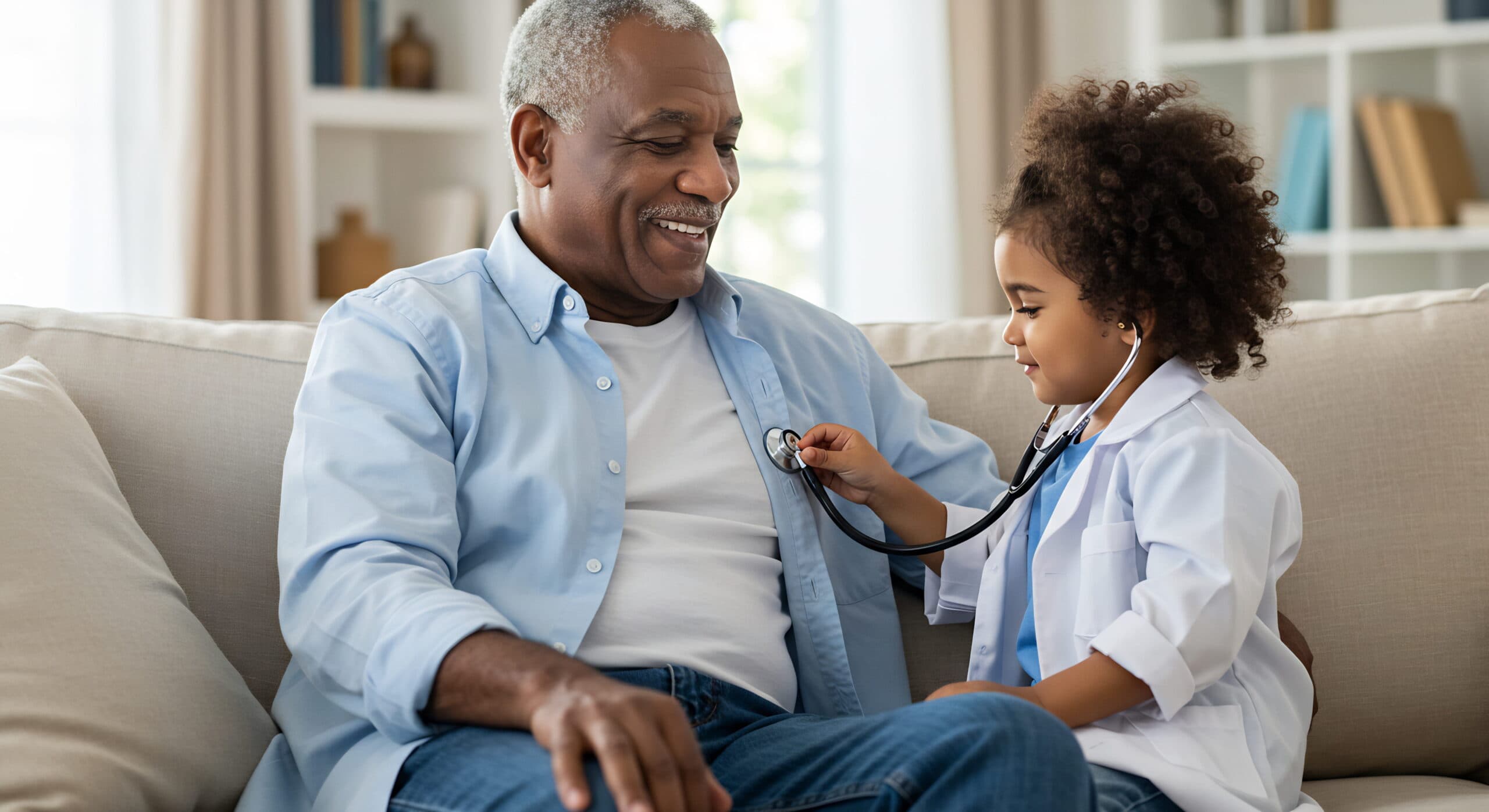 A child pretending to check a man's heartbeat with a stethoscope.